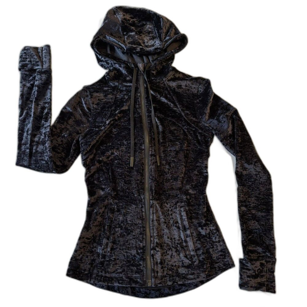 Lululemon Jacket Women Black Crushed Velvet Hoodie Full Zip Activewear Sz 4